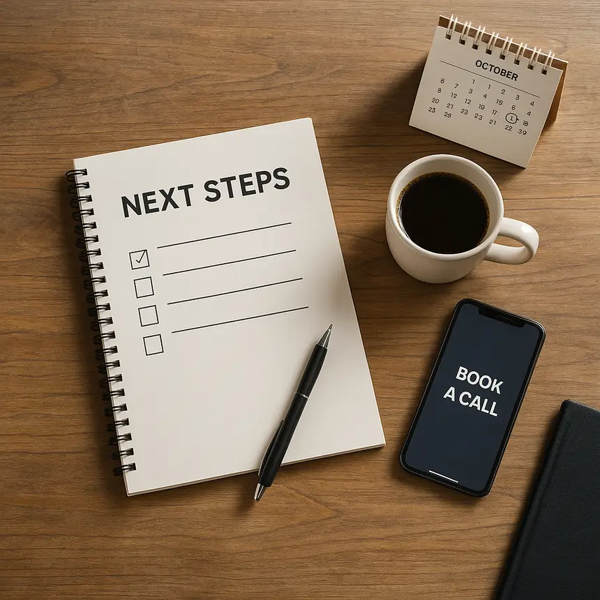 Overhead view of a wooden desk with a “NEXT STEPS” checklist, pen, coffee mug, phone displaying “Book a Call,” and a small calendar.