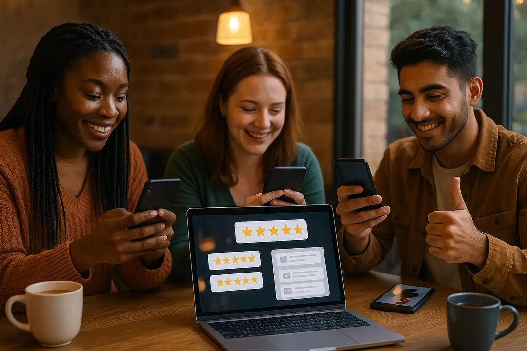 Three smiling learners in a café give five-star ratings on their phones while a laptop displays star reviews, symbolising positive testimonials.