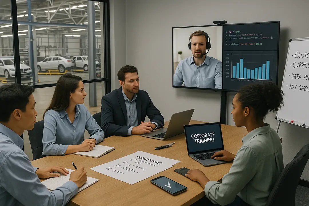 Corporate team of four follows a remote coding training on a screen, with an automotive production line visible through the office windows in central Germany.