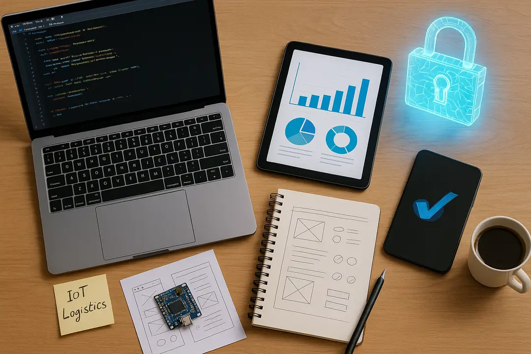 Desk flatlay with code laptop, data-chart tablet, UX notebook, holographic padlock and microcontroller—symbolising the bootcamp’s programmes.