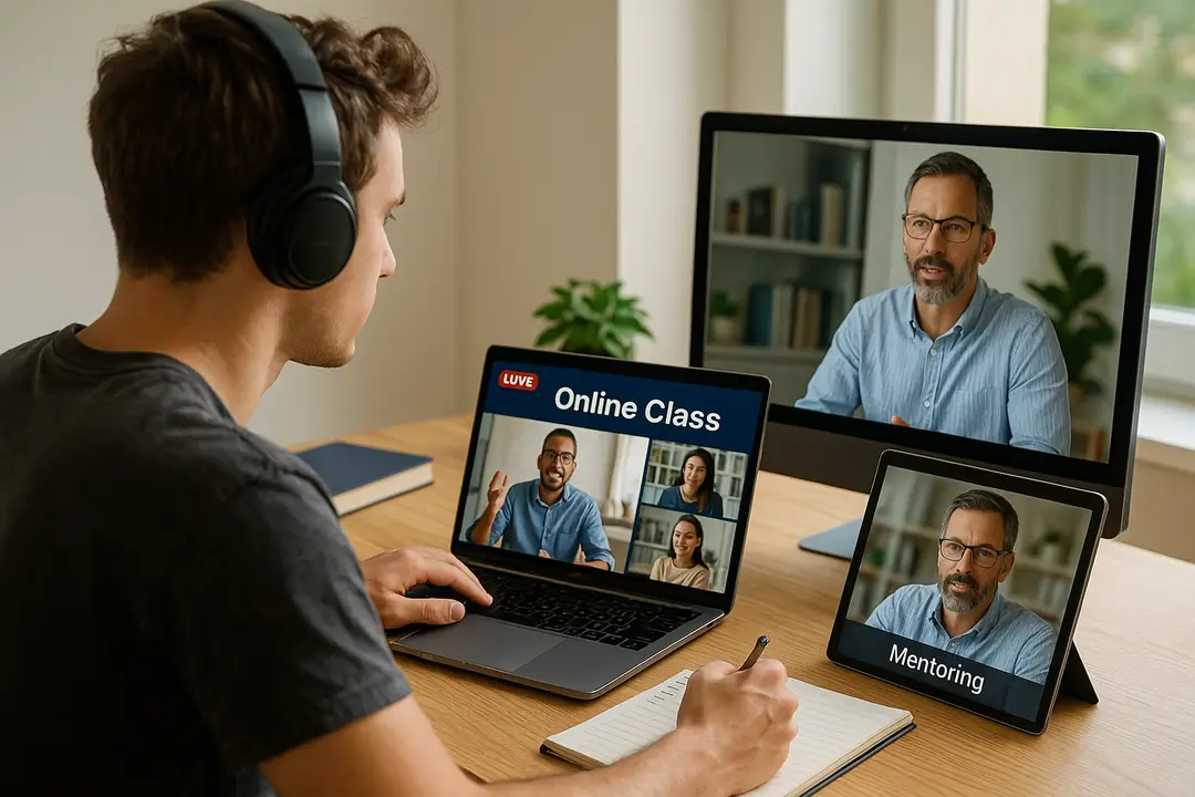 Ein junger Mann mit Kopfhörern sitzt an einem Schreibtisch, nimmt Notizen und verfolgt gleichzeitig eine Live-Online-Klasse auf seinem Laptop; daneben zeigt ein Monitor einen Mentor im Video-Call und ein Tablet den Schriftzug „Mentoring“.