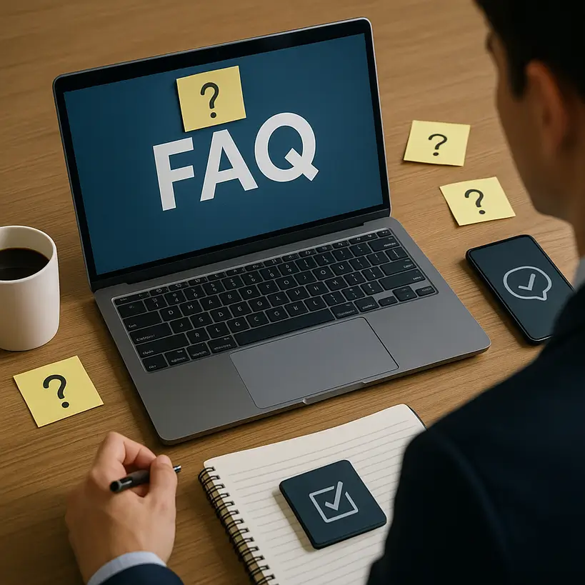 Laptop displaying “FAQ” on desk with question-mark sticky notes, notebook, phone and coffee—visual for Code Labs Academy London bootcamp frequently asked questions.