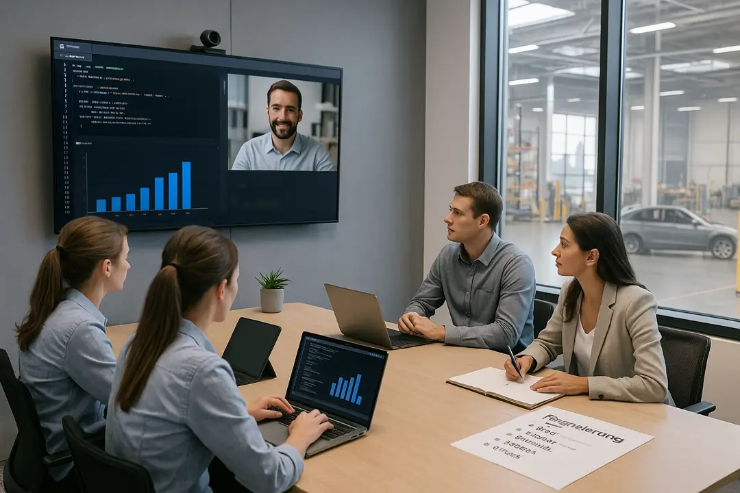 Vier Mitarbeiter in einem Konferenzraum folgen einer virtuellen Schulung: Auf dem großen Bildschirm sind ein Trainer per Videokonferenz und Python-Code mit Balkendiagramm zu sehen; durch die Fenster blickt man in eine Produktionshalle mit Fahrzeugmontage.