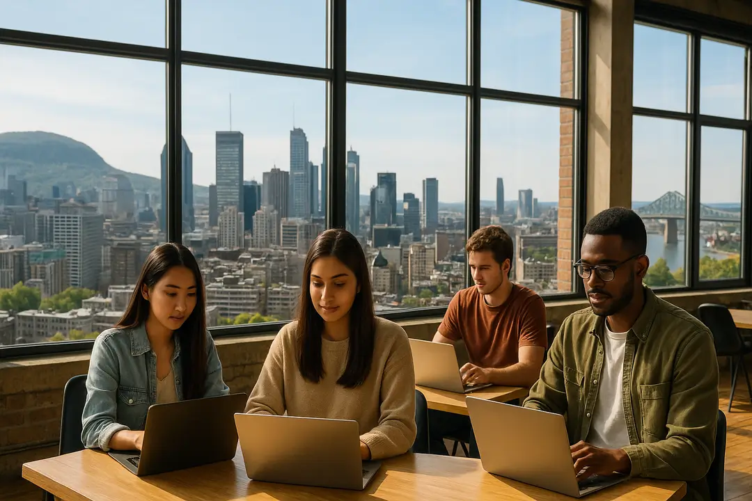 Four Code Labs Academy students coding in a sunlit loft overlooking Montreal skyline, Mount Royal and Jacques-Cartier Bridge.
