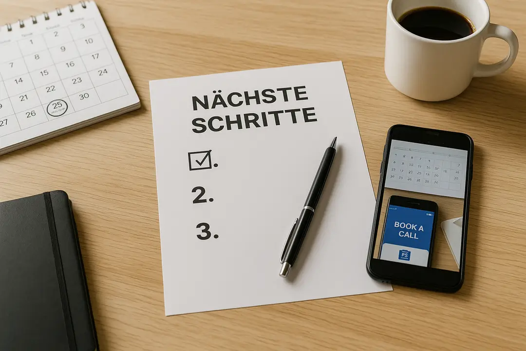 Checkliste „Nächste Schritte“ auf Schreibtisch, daneben Kalender, Smartphone mit „Book a Call“ und Kaffeetasse.