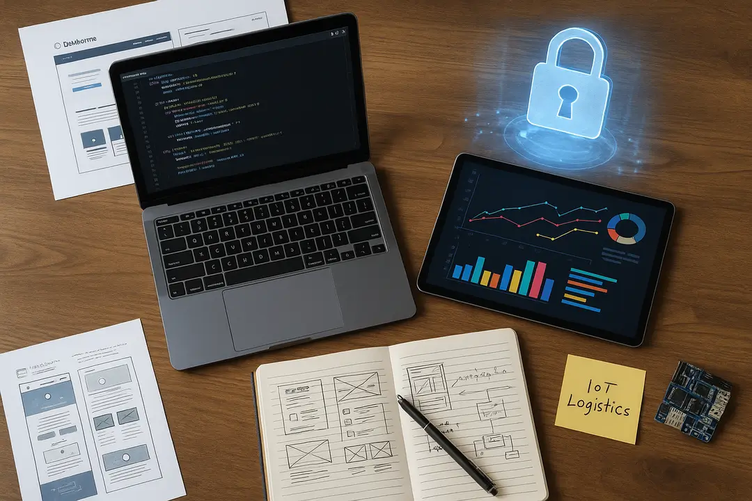 Laptop mit Code-Editor, Tablet mit Daten­visualisierungen, Notizbuch mit UX-Wireframes, Post-it „IoT Logistics“, und ein holografisches Schloss – vereint die Themen Web­entwicklung, Data Science, UX/UI und Cybersecurity.
