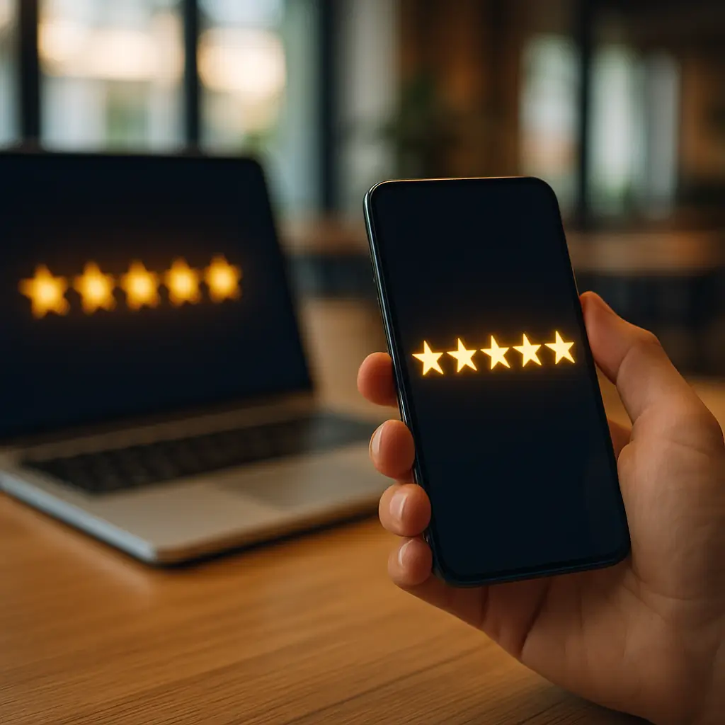 Nahaufnahme einer Hand, die ein Smartphone mit fünf leuchtenden Sternen hält; im Hintergrund steht ein Laptop mit derselben Fünf-Sterne-Anzeige in einem hellen, modernen Workspace.