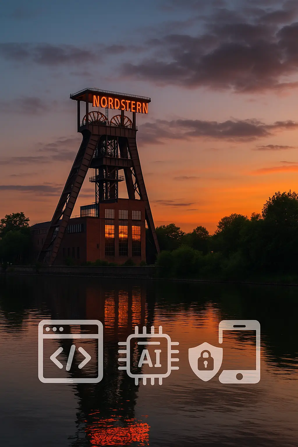 Nordstern-Förderturm Gelsenkirchen am Rhein-Herne-Kanal bei Sonnenuntergang; Icons für Webentwicklung, KI, Cybersicherheit, UX/UI