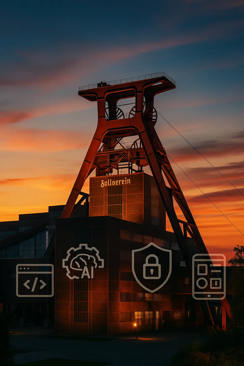 Zeche Zollverein Essen bei Sonnenuntergang; Icons für Webentwicklung, KI, Cybersicherheit, UX/UI