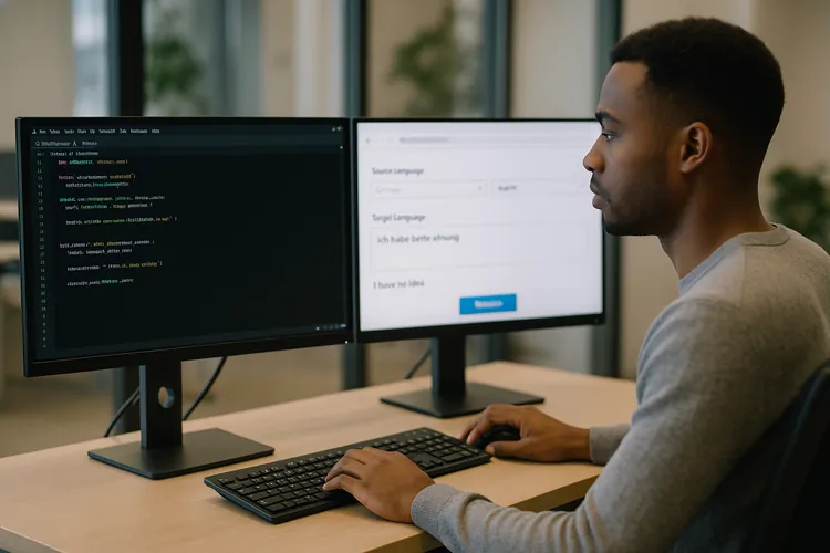 Young software developer at dual monitors running Python code and a translation web app, illustrating how to deploy a machine learning model with Python in a modern office workspace.