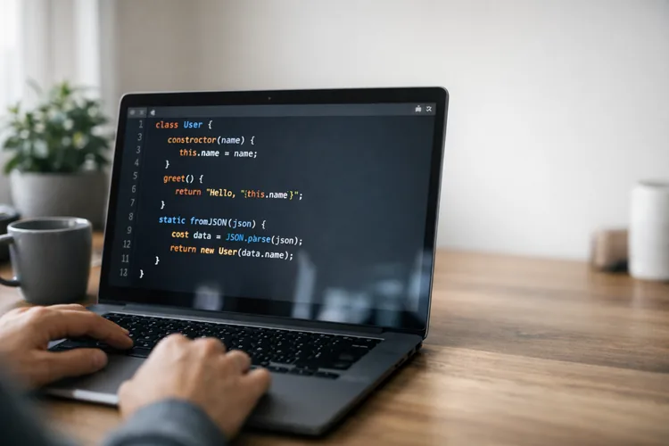 Modern developer workspace with a laptop displaying JavaScript class code (constructor, instance method, static method) in a clean editor, soft natural light, and minimal desk setup.