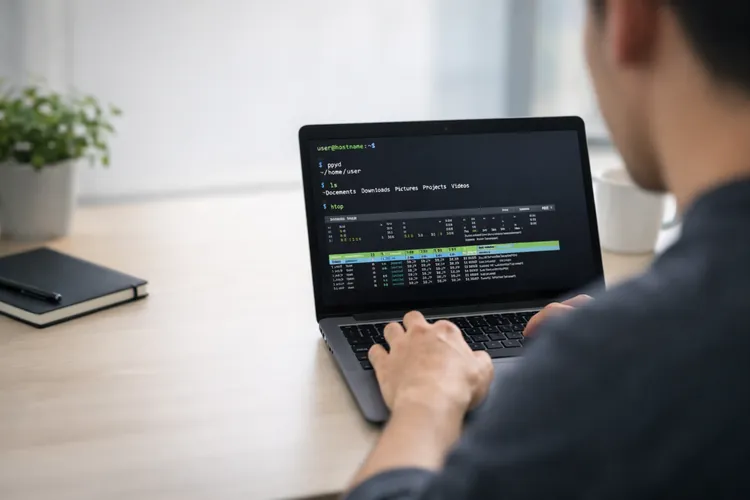 A laptop displaying a Linux terminal with basic commands on a clean desk in a bright workspace, representing learning Linux and command-line skills.