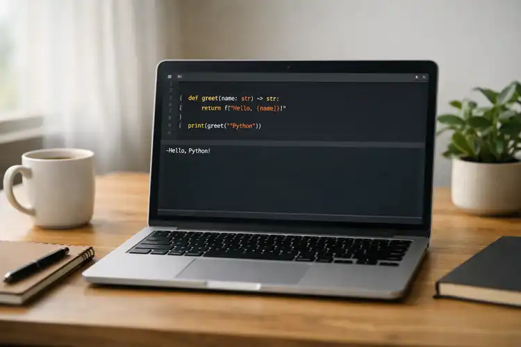 Modern laptop on a tidy desk displaying a Python code editor, with notebook, pen, coffee mug, and small plant in soft natural daylight.