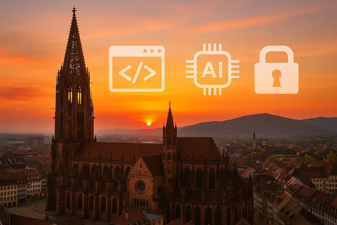 Freiburger Münster bei Sonnenuntergang vor Schwarzwaldkulisse; Icons für Webentwicklung, KI, Cybersicherheit, UX/UI