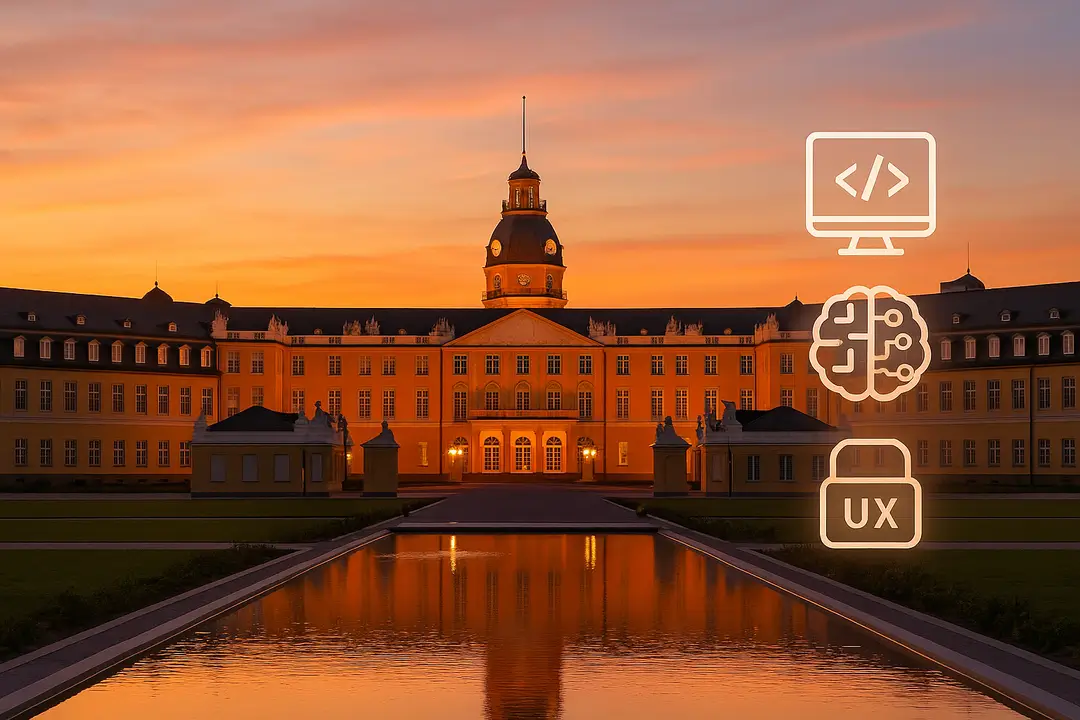 Schloss Karlsruhe bei Sonnenuntergang; Icons für Webentwicklung, KI, Cybersicherheit, UX/UI