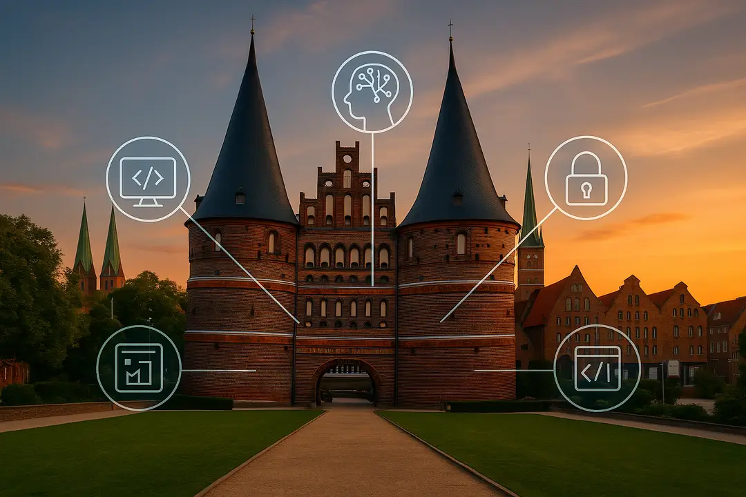 Holstentor Lübeck bei Sonnenuntergang; Icons für Webentwicklung, KI, Cybersicherheit, UX/UI