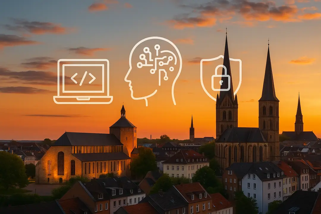 Abteiberg-Skyline Mönchengladbach bei Sonnenuntergang; Icons für Webentwicklung, KI, Cybersicherheit, UX/UI