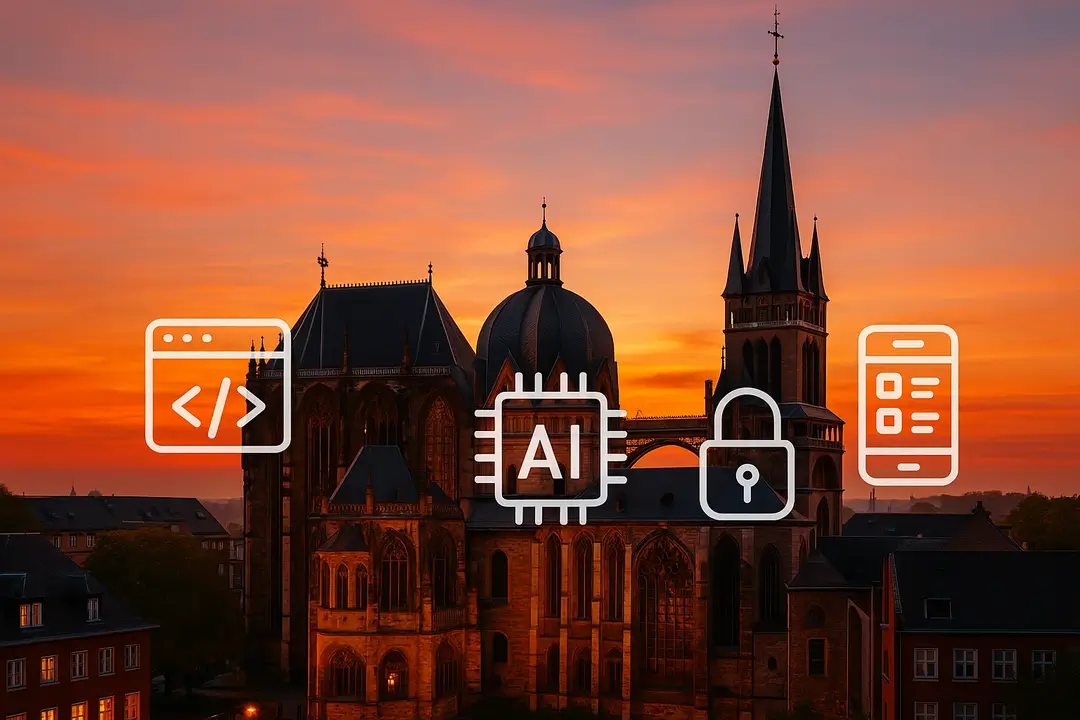 Aachener Dom bei Sonnenuntergang; Icons für Webentwicklung, KI, Cybersicherheit, UX/UI