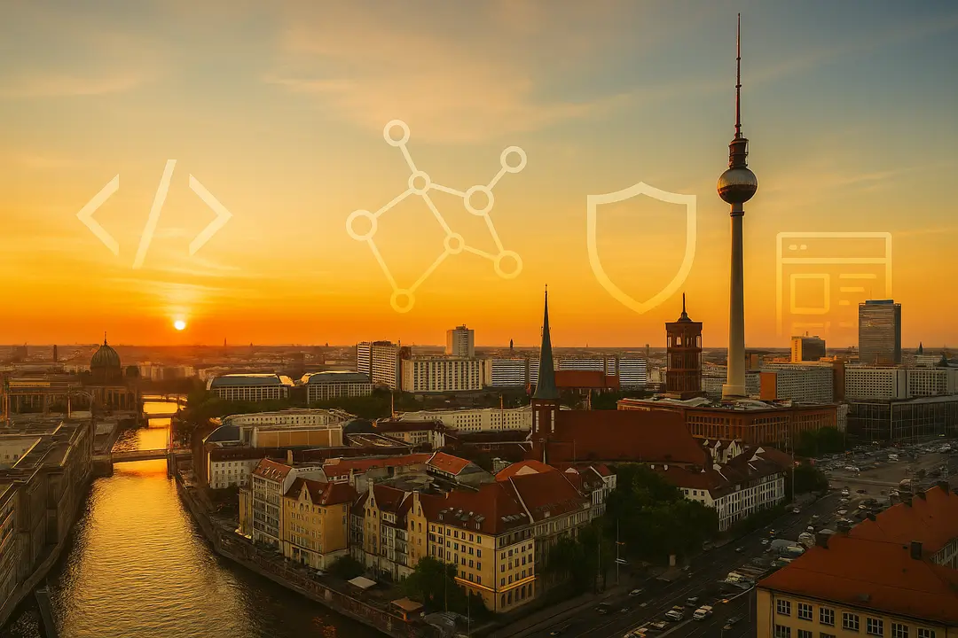 Berlin-Panorama bei Sonnenuntergang mit Fernsehturm, Spree und transparenten Symbolen für Web, KI, Cybersecurity und UI.