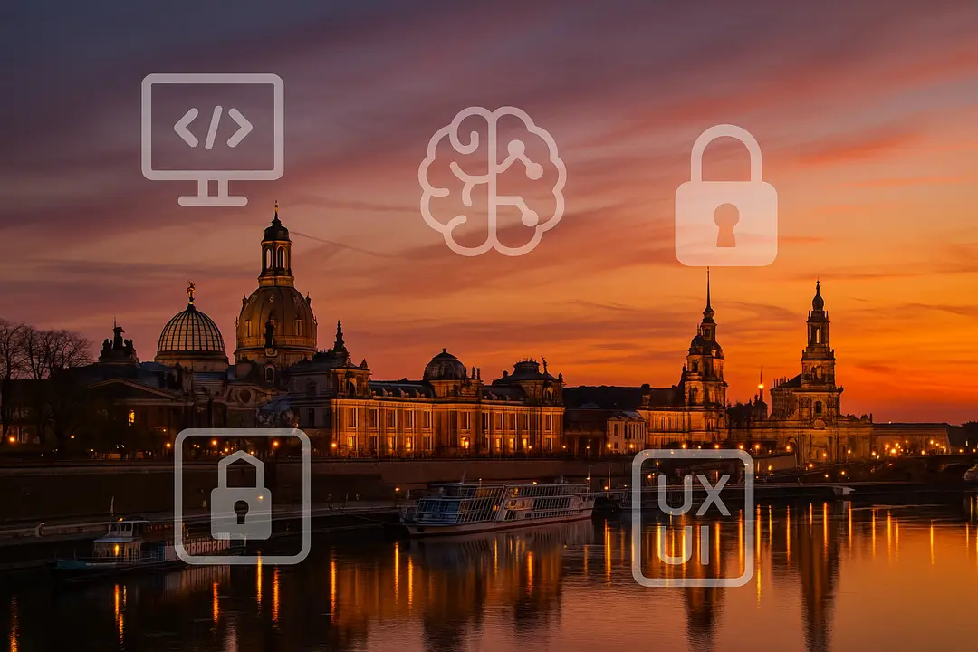 Dresdner Altstadt am Elbufer bei Sonnenuntergang; Icons für Webentwicklung, KI, Cybersicherheit, UX/UI