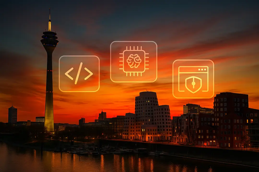 Rheinturm und MedienHafen Düsseldorf bei Sonnenuntergang; Tech-Icons für Web, AI, Sicherheit, UI