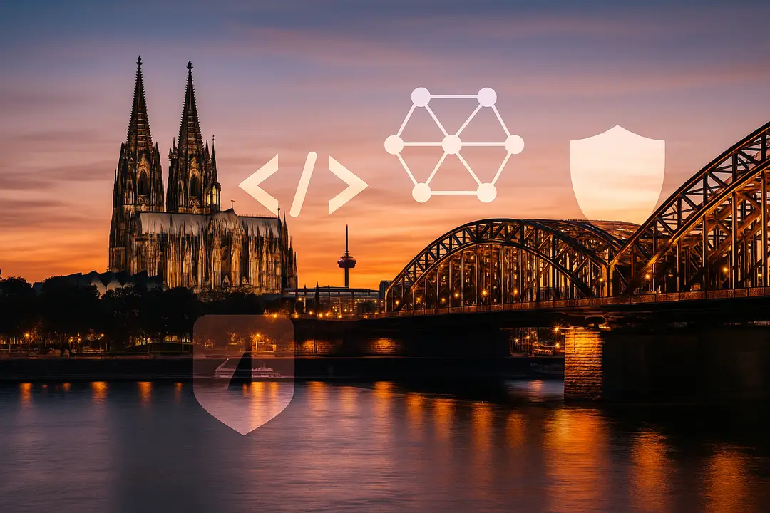 Kölner Dom und Hohenzollernbrücke bei Sonnenuntergang; Overlay-Icons für Web, KI, Sicherheit und UI