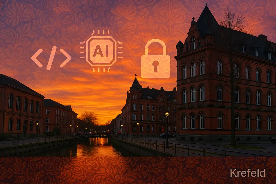 Schwanenmarkt-Kanal Krefeld bei Sonnenuntergang, textile Muster und Icons für Webentwicklung, KI, Cybersicherheit, UX/UI