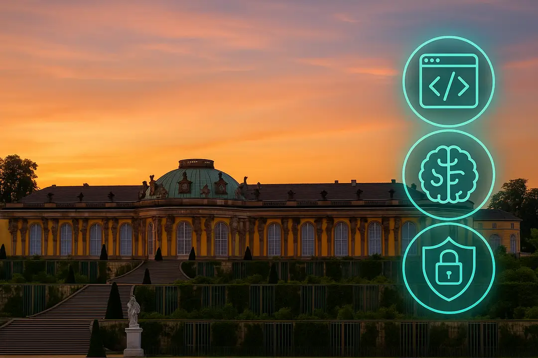 Schloss Sanssouci Potsdam bei Sonnenuntergang; Icons für Webentwicklung, KI, Cybersicherheit, UX/UI