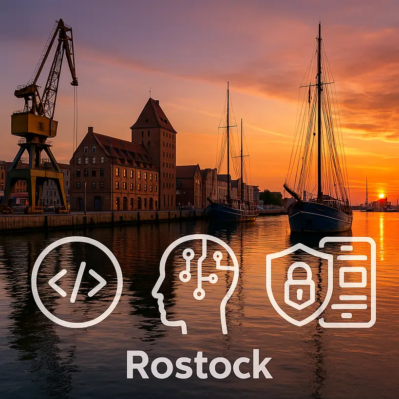Historischer Stadthafen Rostock bei Sonnenuntergang; Icons für Webentwicklung, KI, Cybersicherheit, UX/UI