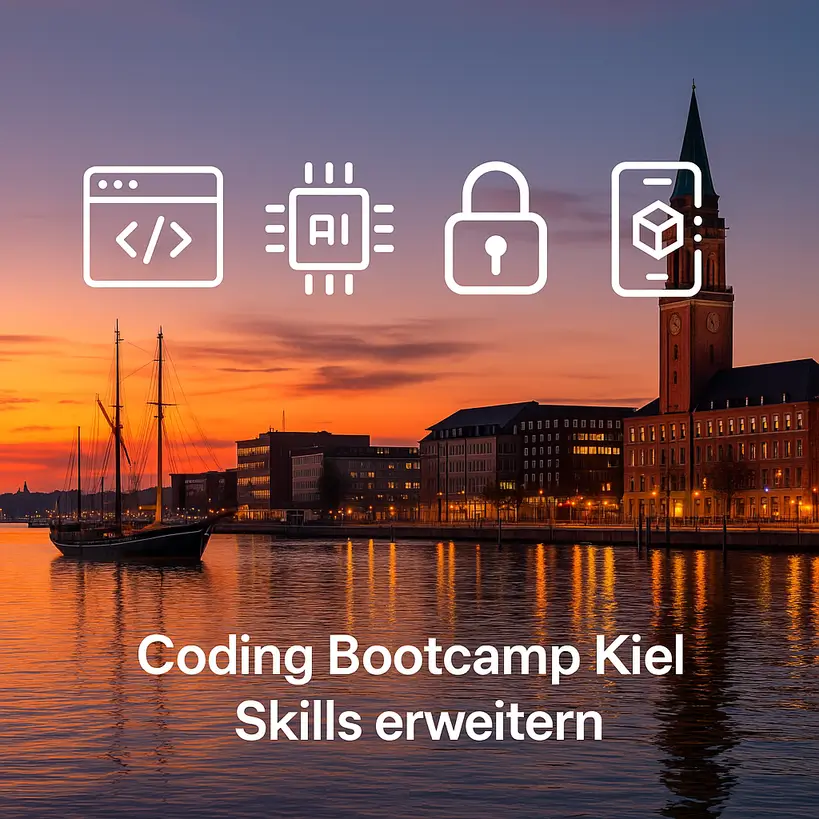 Hafenpanorama Kieler Förde bei Sonnenuntergang; Icons für Webentwicklung, KI, Cybersicherheit, UX/UI