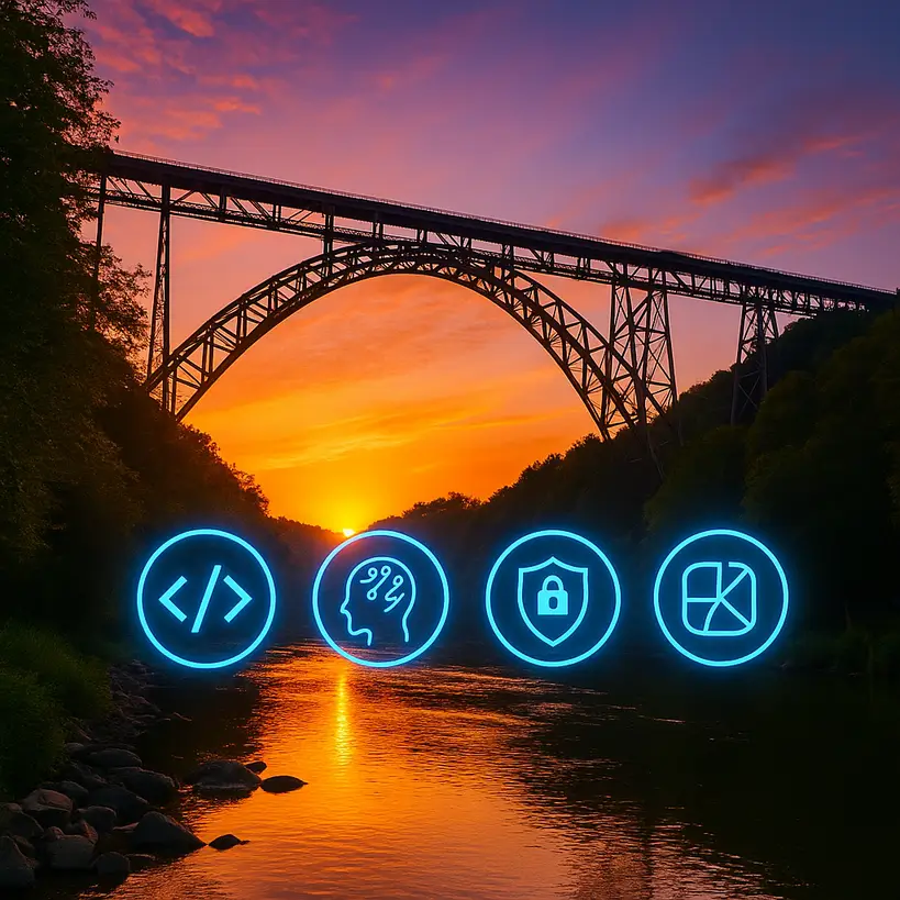 Müngstener Brücke Solingen bei Sonnenuntergang über der Wupper; Icons für Webentwicklung, KI, Cybersicherheit, UX/UI