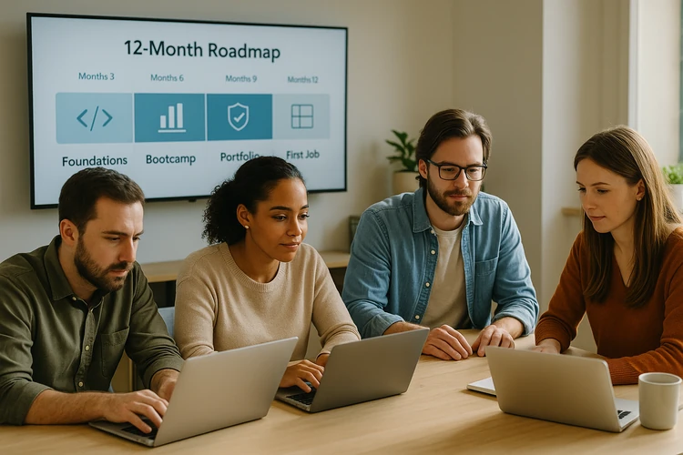 Bootcamp to First Job in 2026: A 12-Month Roadmap for Web, Data, Cyber, and UX
