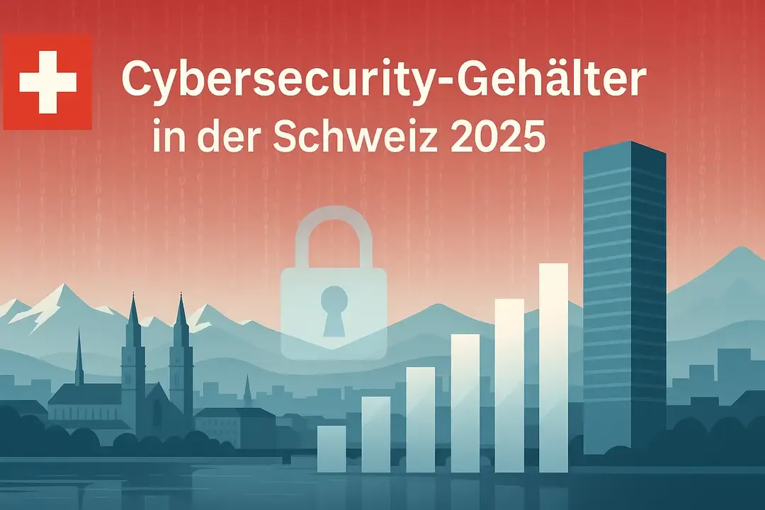 Illustration zum Code Labs Academy-Bericht „Cybersecurity-Gehälter Schweiz 2025“: Zürcher Skyline, Schweizer Flagge, Schlosssymbol und ansteigendes Gehaltsbalkendiagramm.