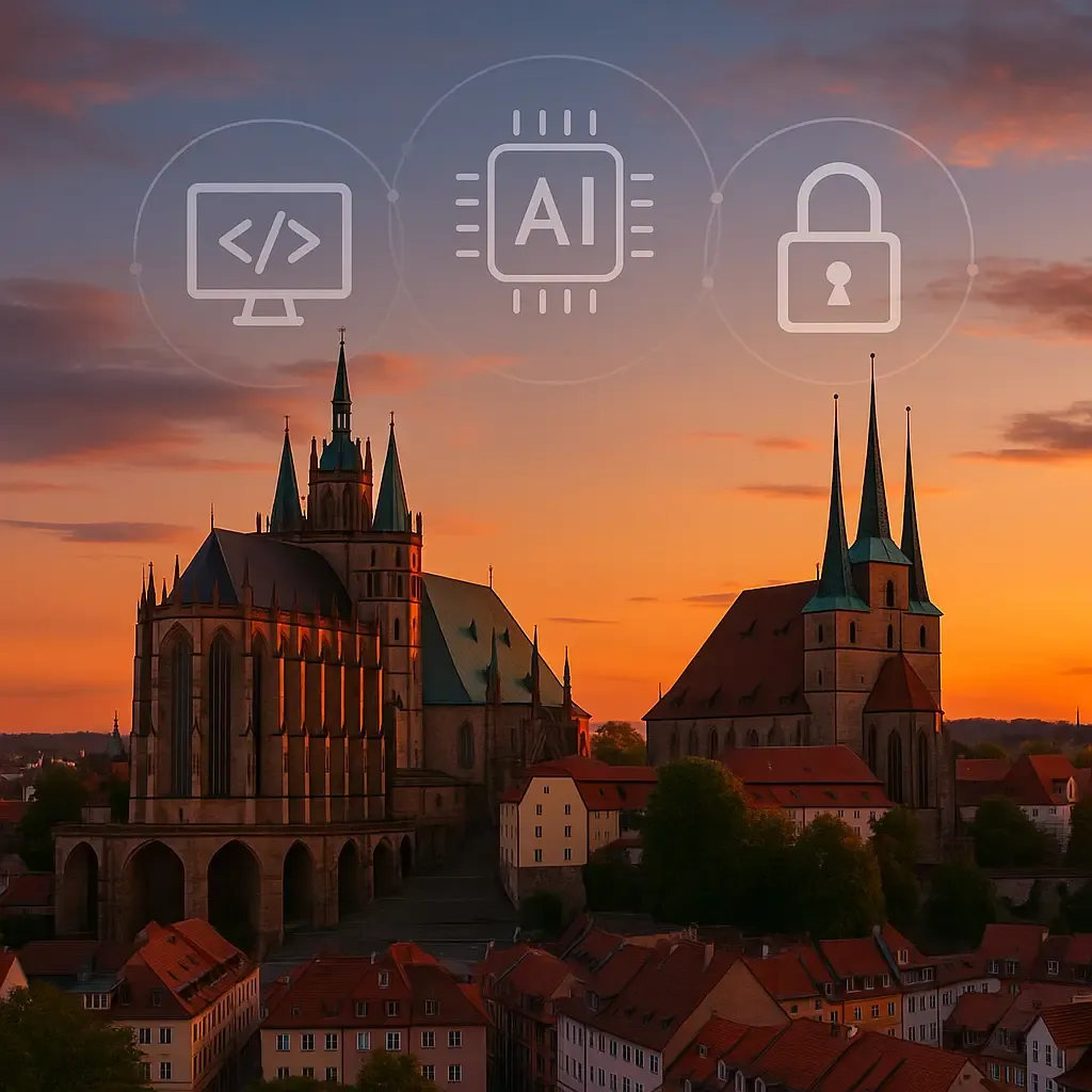 Erfurter Dom & Severikirche bei Sonnenuntergang; Icons für Webentwicklung, KI, Cybersicherheit, UX/UI