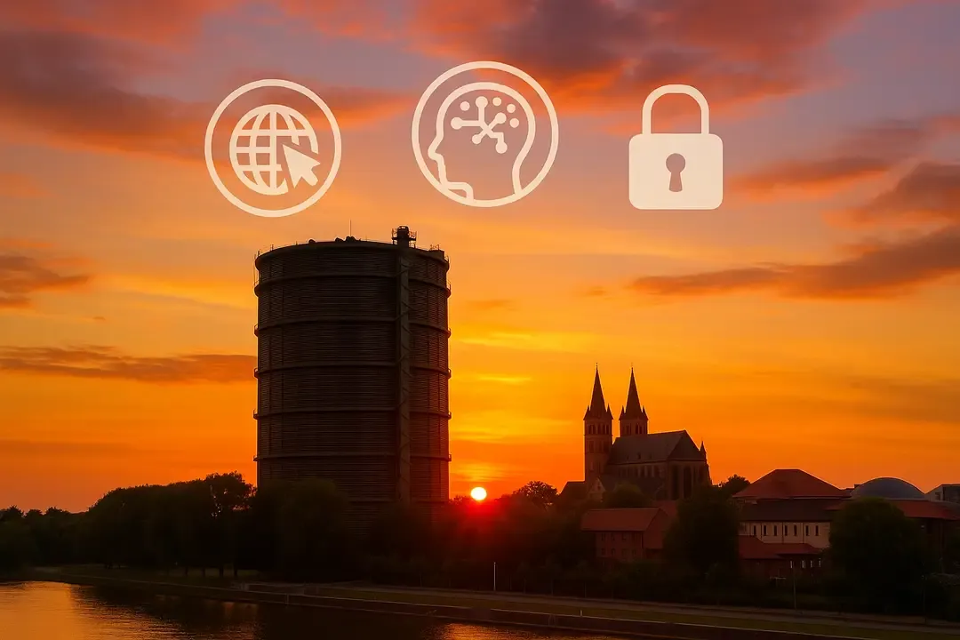 Gasometer Oberhausen am Rhein-Herne-Kanal bei Sonnenuntergang; Icons für Webentwicklung, KI, Cybersicherheit, UX/UI