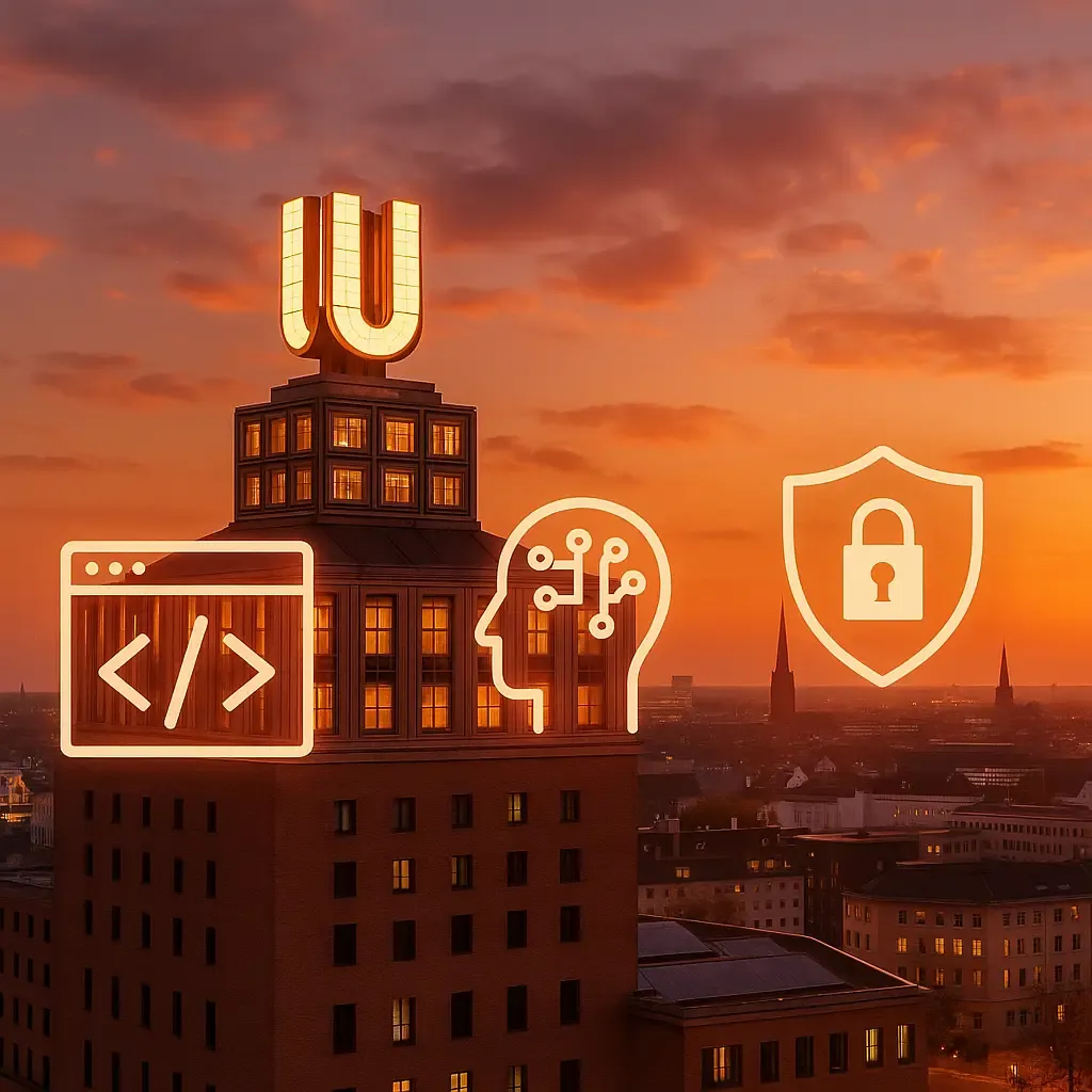Dortmunder U-Turm bei Sonnenuntergang mit Skyline; Overlay-Icons für Webentwicklung, KI, Cybersicherheit, UX/UI