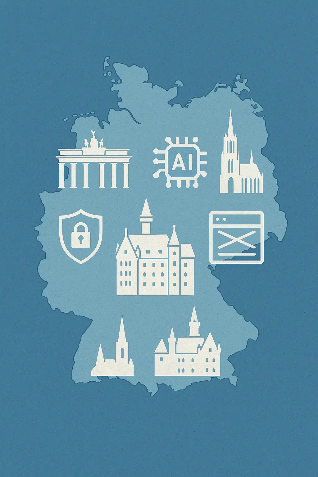 Stilisierte Deutschlandkarte mit Symbolen für Webentwicklung, AI, IT-Sicherheit und UX/UI.