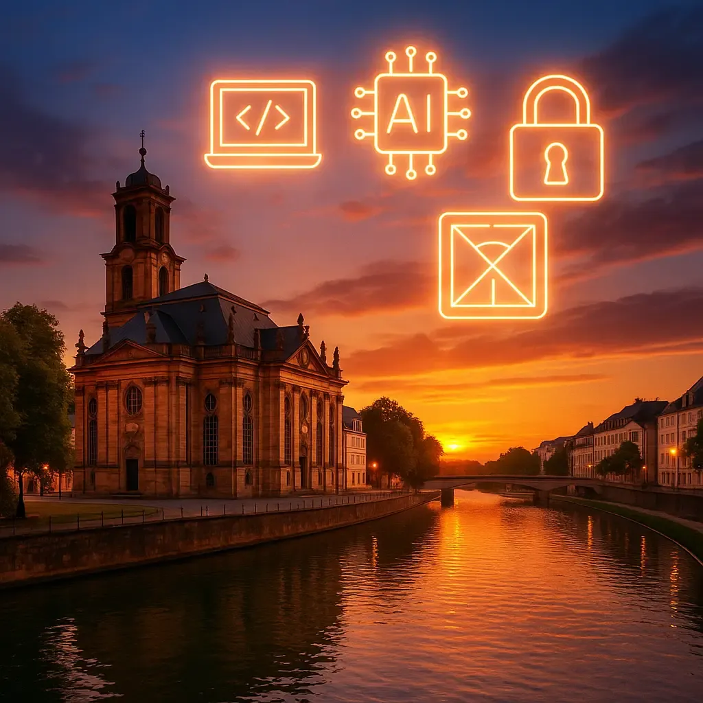 Ludwigskirche Saarbrücken am Saarufer bei Sonnenuntergang; Icons für Webentwicklung, KI, Cybersicherheit, UX/UI