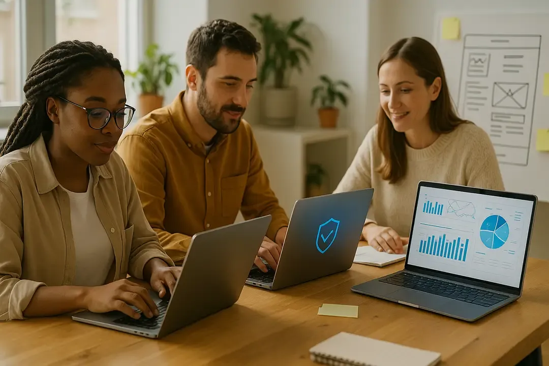 Drei Lernende im Bootcamp arbeiten an Laptops mit Code, Cybersecurity und Data-Science-Grafik; UX/UI-Wireframe dahinter.