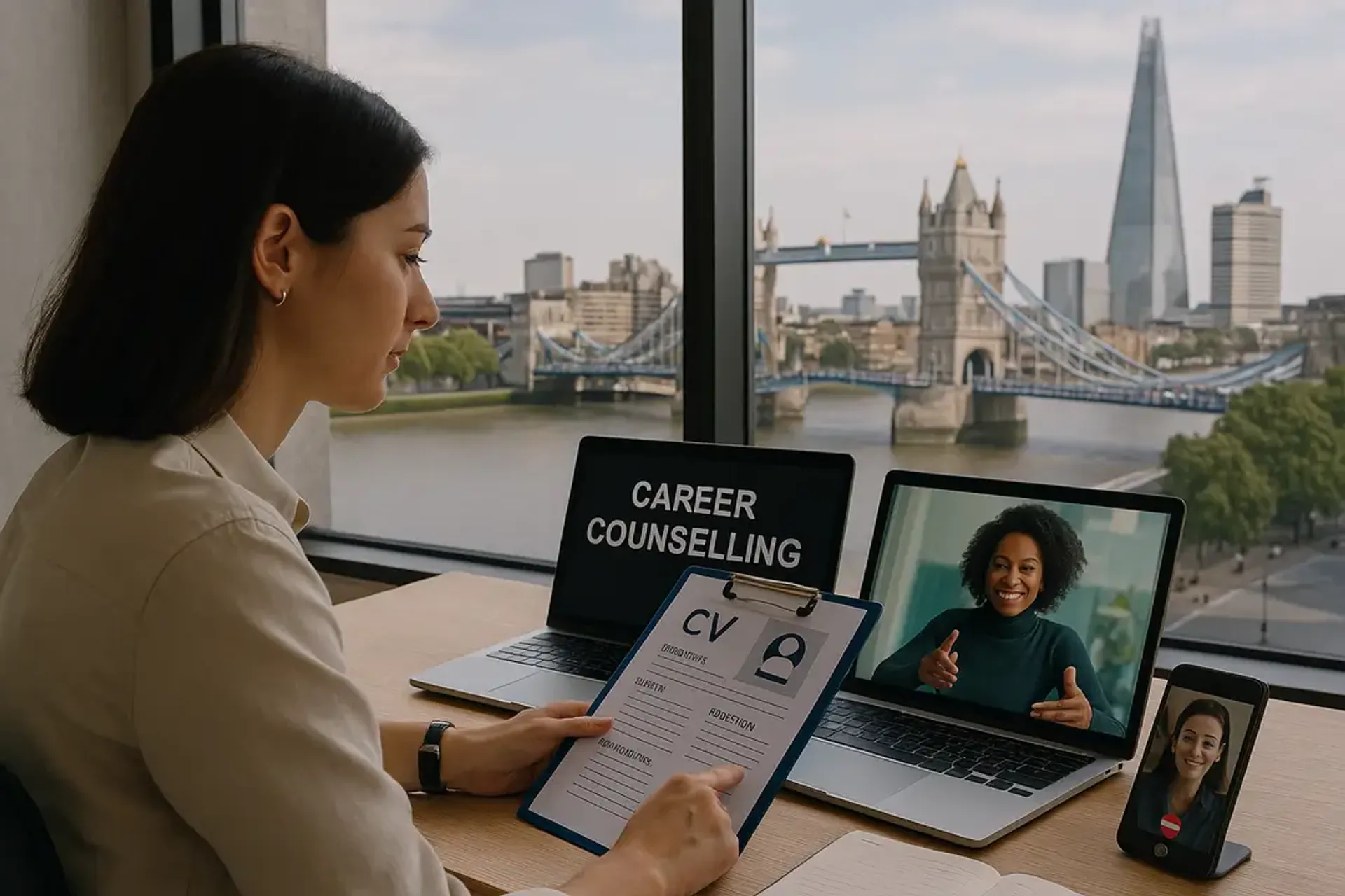Remote career counselling session for Code Labs Academy student; Tower Bridge and The Shard in window backdrop, emphasising London job support.