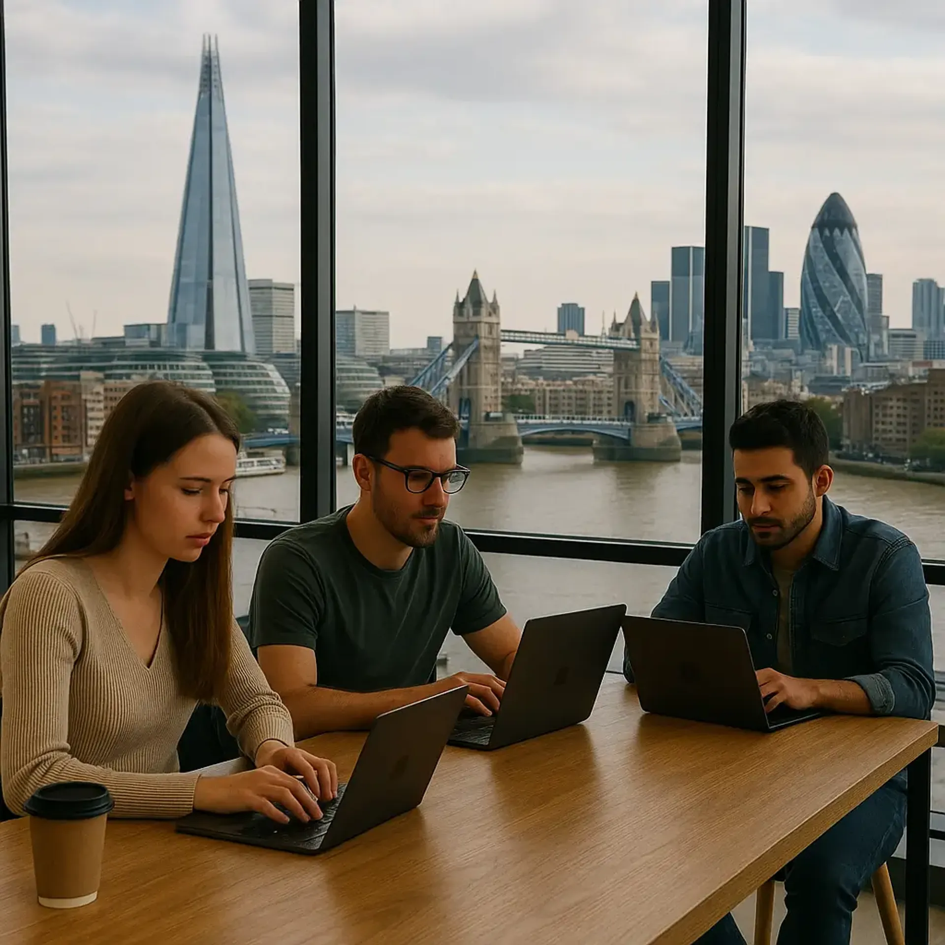 Students in a London coworking space study coding on laptops with Tower Bridge, The Shard and the Gherkin skyline in the background—Code Labs Academy live-online bootcamp.