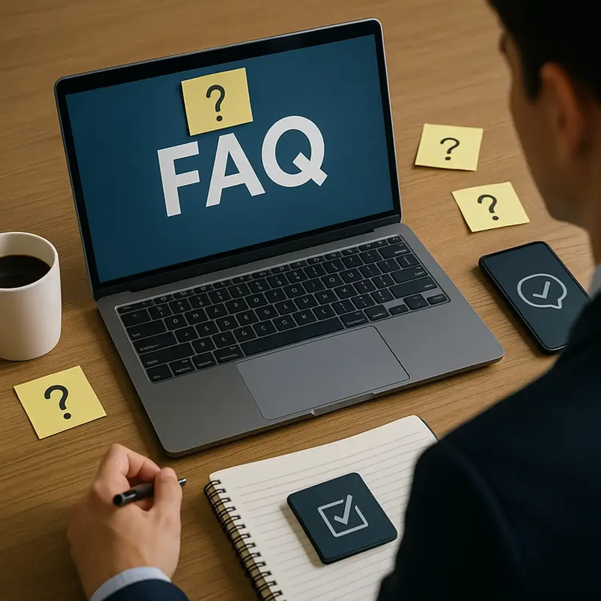 Laptop displaying “FAQ” on desk with question-mark sticky notes, notebook, phone and coffee—visual for Code Labs Academy London bootcamp frequently asked questions.