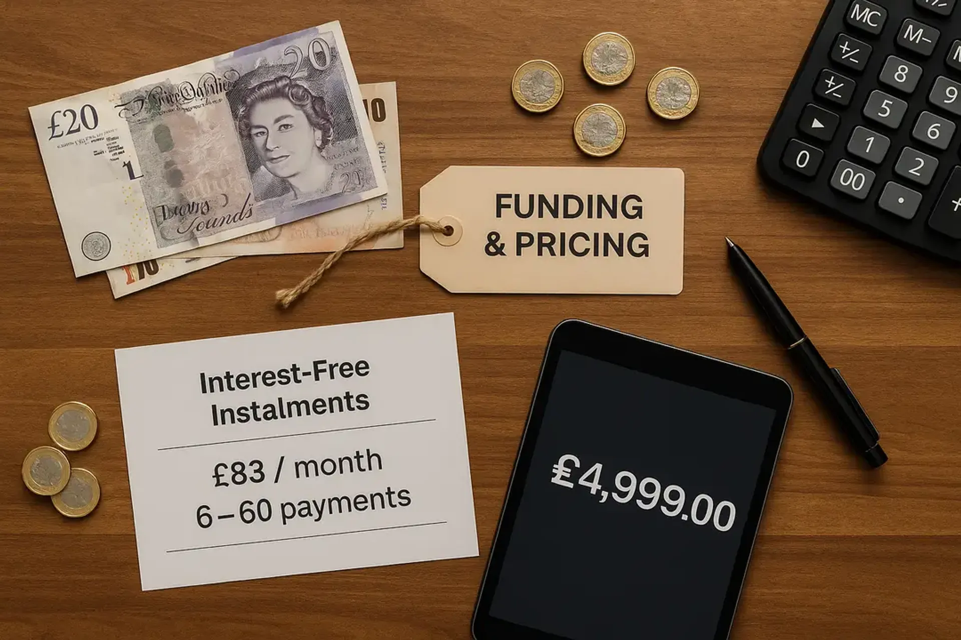 UK £20 and £10 banknotes, pound coins, calculator, and a “Funding & Pricing” tag arranged with a tablet showing £4,999 tuition and a sheet reading “£83/month · 6–60 interest-free payments” —visualising Code Labs Academy London bootcamp finance options.