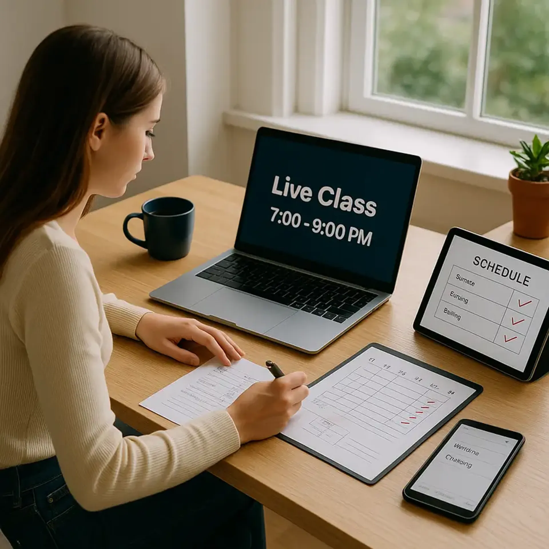 Student fills out flexible bootcamp schedule at home office; laptop shows evening live class, tablet and calendar highlight day and night study options for Code Labs Academy in London.
