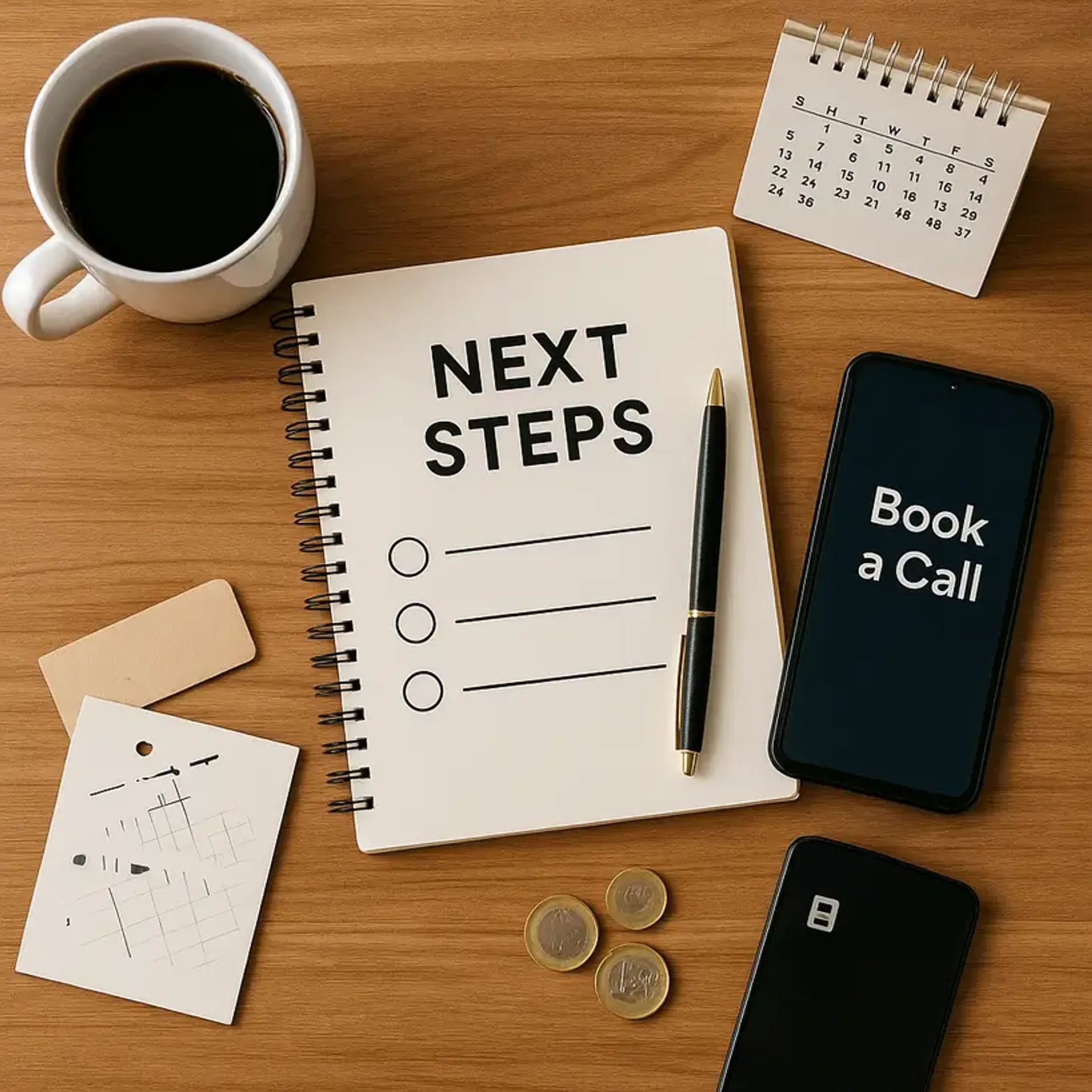Overhead view of desk with “NEXT STEPS” checklist notebook, smartphone showing “Book a Call,” calendar, pen and coffee—guiding prospective Code Labs Academy London students to take action.