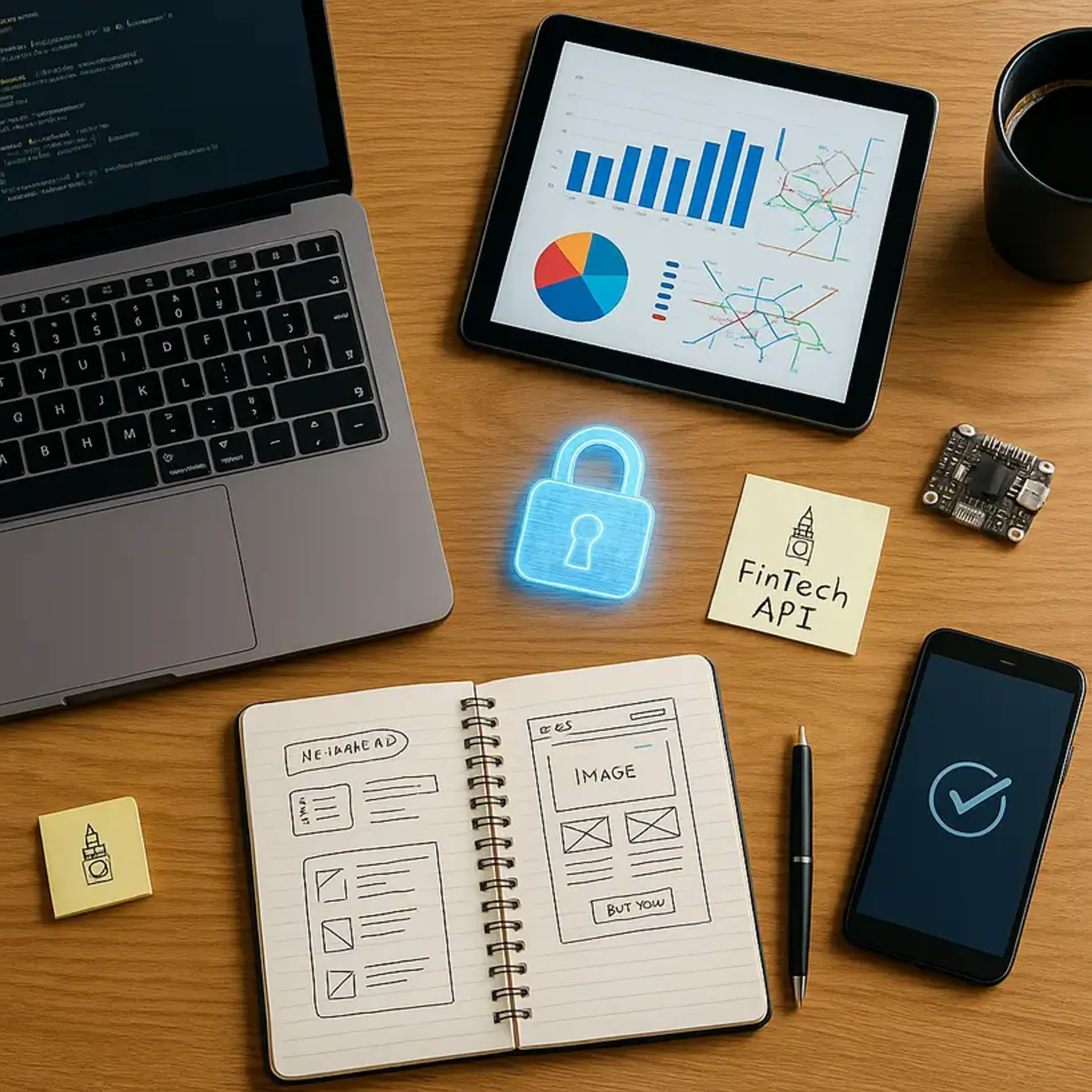 Flat-lay of code laptop, data-visual tablet with London map, UX wireframes, microcontroller and holographic padlock, illustrating Code Labs Academy’s Cybersecurity, Data Science & AI, Web Development and UX/UI projects in London.