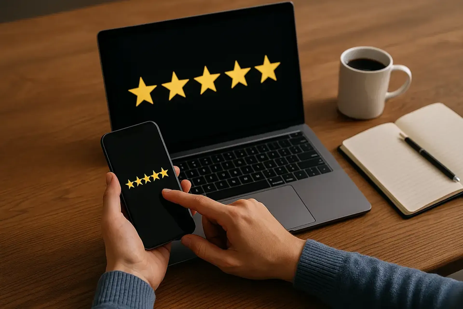 Close-up of learner giving five-star review on smartphone while laptop shows five-star rating, illustrating positive Code Labs Academy testimonials.