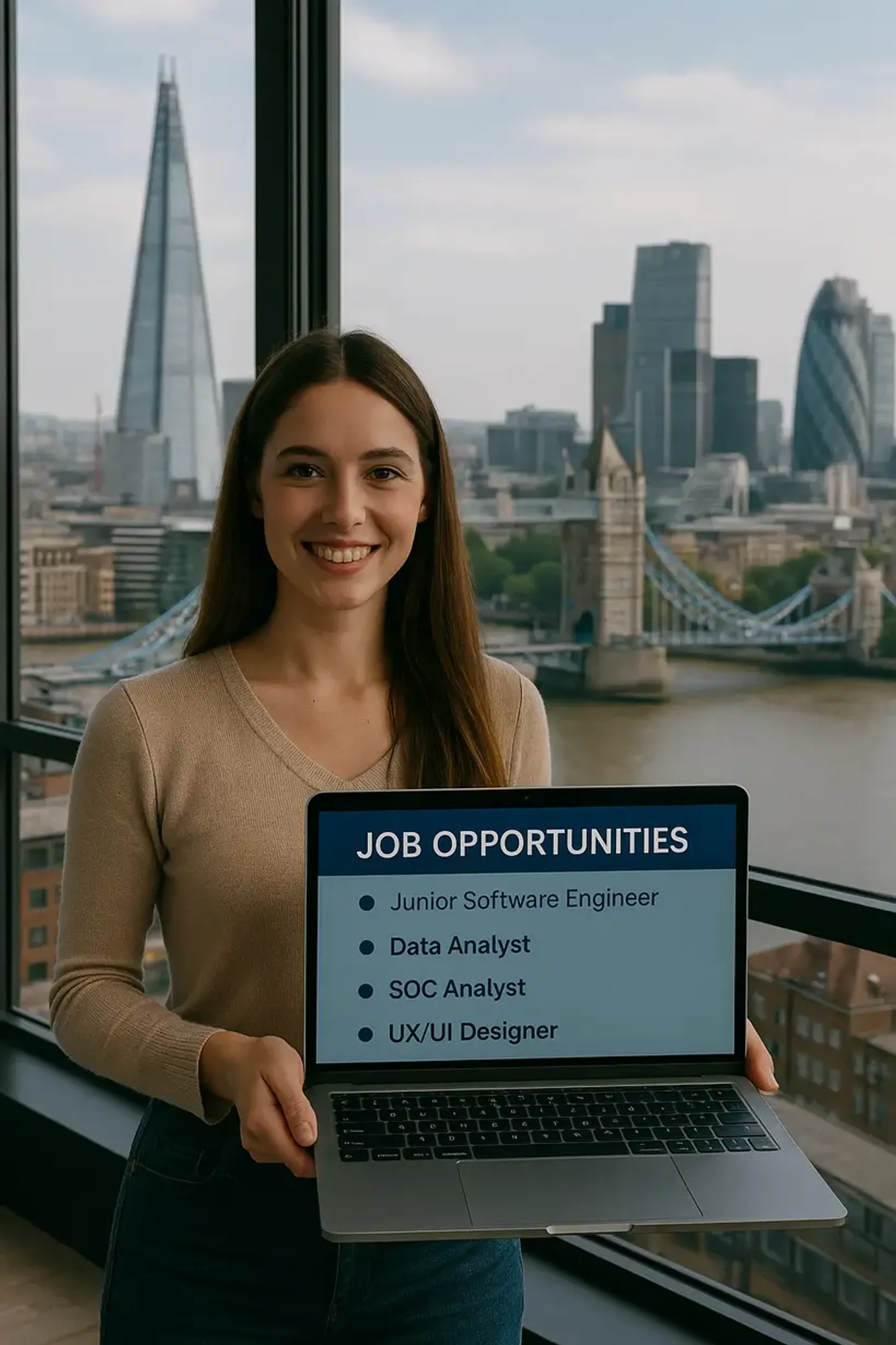 Bootcamp graduate displays laptop showing London tech job opportunities—Junior Software Engineer, Data Analyst, SOC Analyst, UX/UI Designer—with Tower Bridge, The Shard and The Gherkin in background.