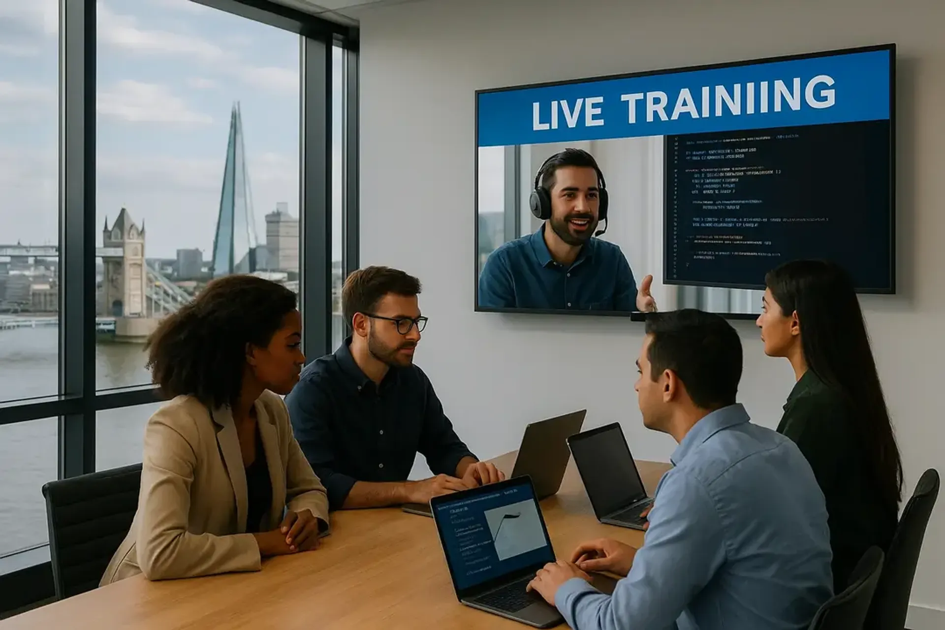 Corporate team attends live online Python training in London boardroom overlooking Tower Bridge and The Shard—showcasing Code Labs Academy’s upskilling solutions for Central & Greater London companies.