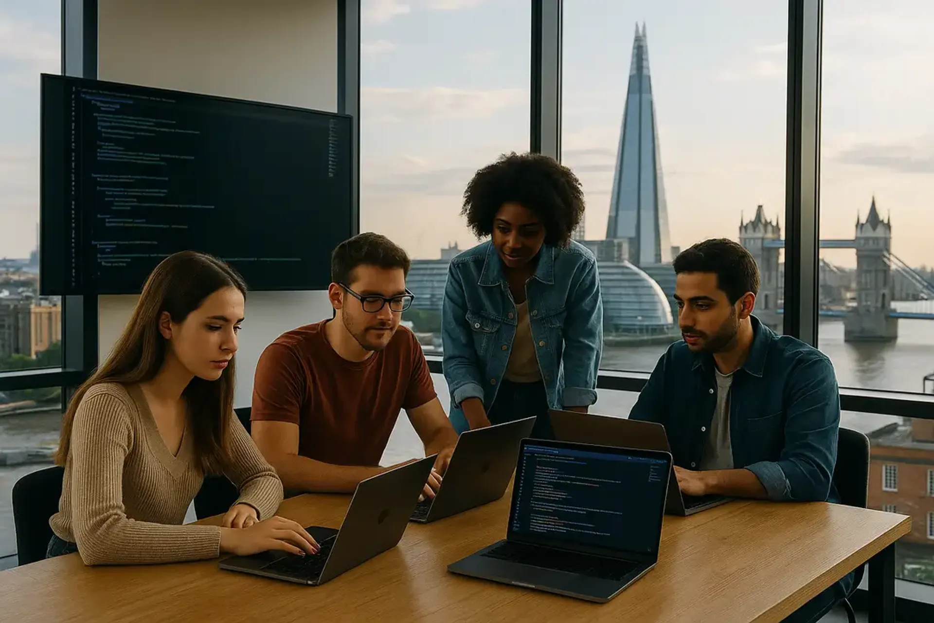 Learners collaborate on code in a London coworking space with The Shard and Tower Bridge skyline behind them, highlighting Code Labs Academy’s live-online bootcamp for London tech talent.